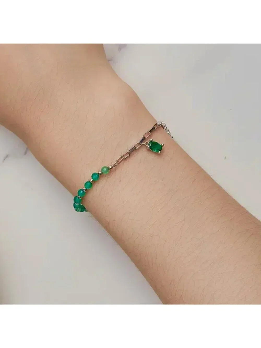 New Gem Charm Bracelet S925 Sterling Silver Green Crystal Beads Boxy Chain